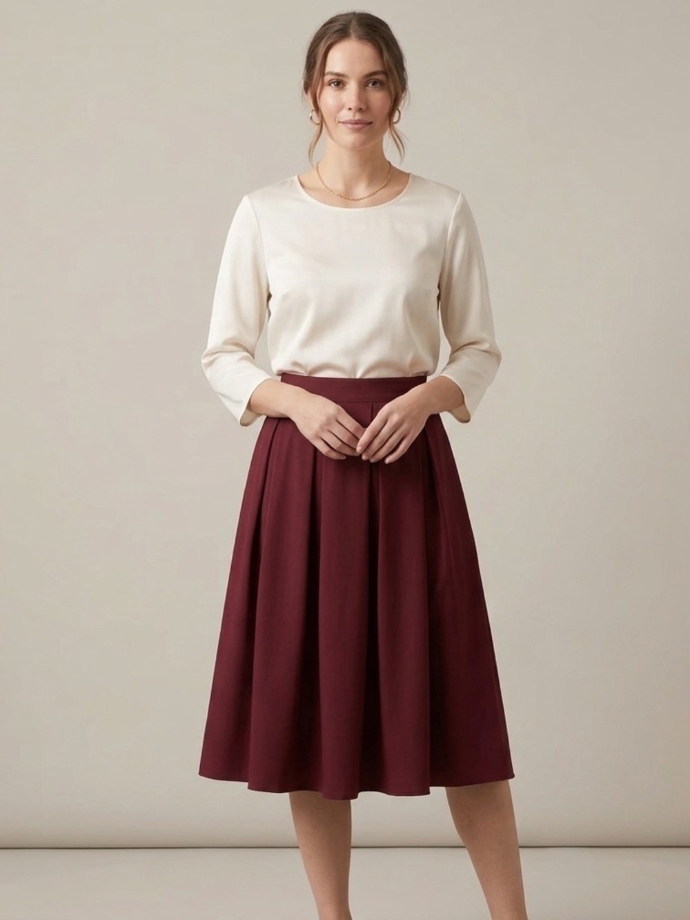 Urban Coco Burgundy Midi Pleated A-line Skirt
